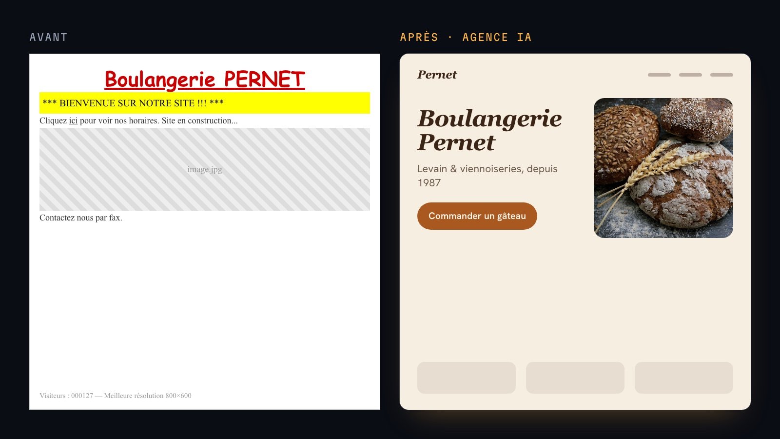 Un vieux site de boulangerie à gauche, le site refait par Agence IA à droite